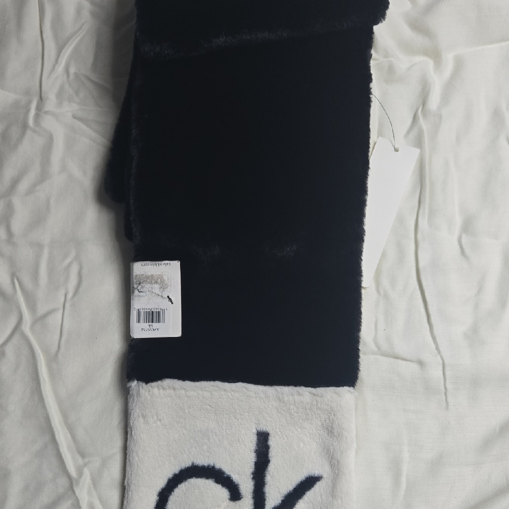 Calvin Klein Black and White Faux Fur Scarf
